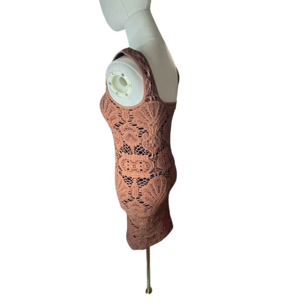 Free People Intimately Crochet Bodycon Dress Medium – Boho Lace Sleeveless Nude